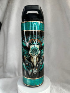 #169 Western Aztec Teal Banded Bullskull Banded UVDTF Wrap 20 oz skinny straight Duo with 2 Lids