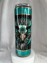 #169 Western Aztec Teal Banded Bullskull Banded UVDTF Wrap 20 oz skinny straight Duo with 2 Lids