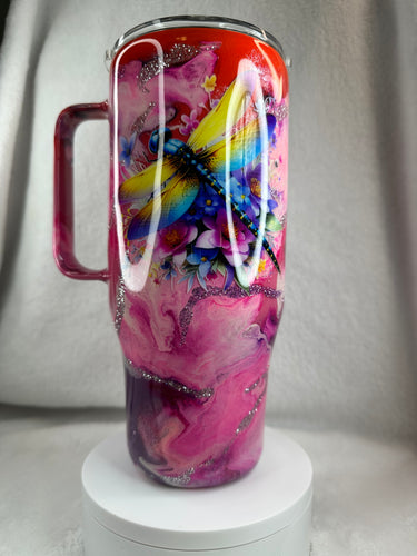 #221 Floral Dragonfly Marble Cloud, 24 oz Curved with Handle