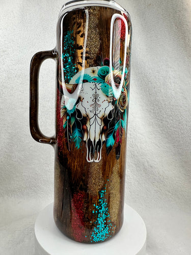 #209 Woodgrain Patchwork Boho Bullskull, 20 oz Skinny Straight, Handle