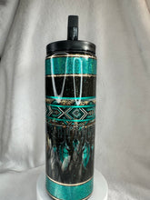 #169 Western Aztec Teal Banded Bullskull Banded UVDTF Wrap 20 oz skinny straight Duo with 2 Lids