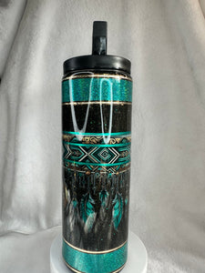 #169 Western Aztec Teal Banded Bullskull Banded UVDTF Wrap 20 oz skinny straight Duo with 2 Lids